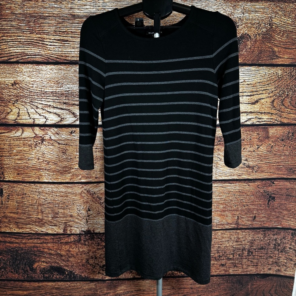 Hilary Radley Sweater Dress Black Gray Stripes Knit‎ Stretch 3/4 Sleeve, Size SM